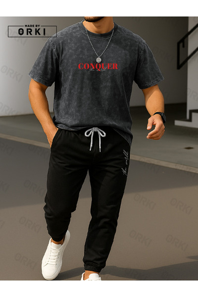 EFFRENATU Conquer the World Printed Oversize Tie-Dye T-Shirt & Black Pants Tracksuit Set