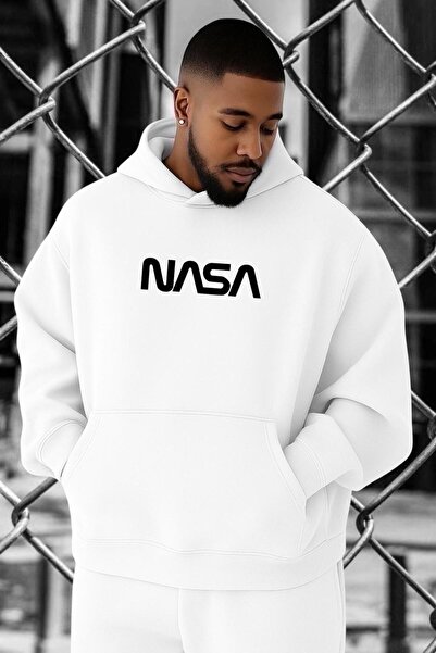 BENROMA سترة رياضية كبيرة الحجم مطبوعة بشعار ناسا من القطن الممشط بثلاث خيوط