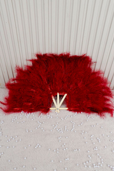 Mortex Bordo Tüylü Ahşap Gelin Kına Yelpazesi, Nedime Sünnet Düğün Nişan Özel...