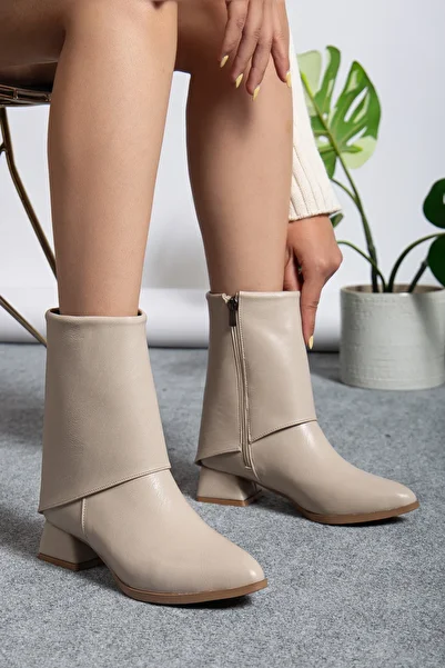 DİORİN Women's Beige Cream Cowboy Mid Heel Winter Boots