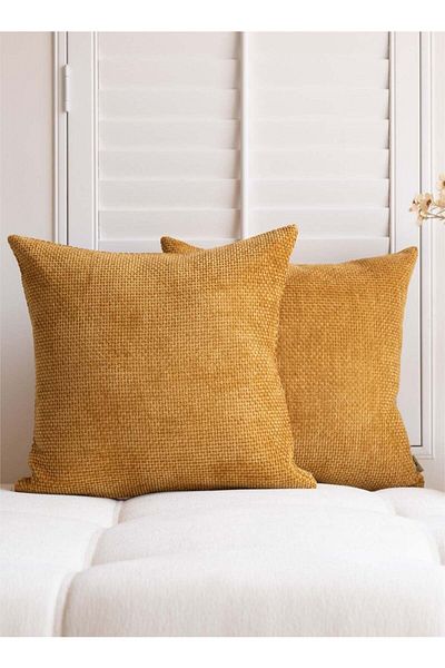 Generic a moment a moment Mustard Yellow Chenille Cushion Cover Throw Pillow Covers 45x45 CM Pack of 2 Mod