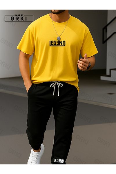 EFFRENATU Legend Printed Oversize Yellow T-Shirt & Black Pants Tracksuit Set