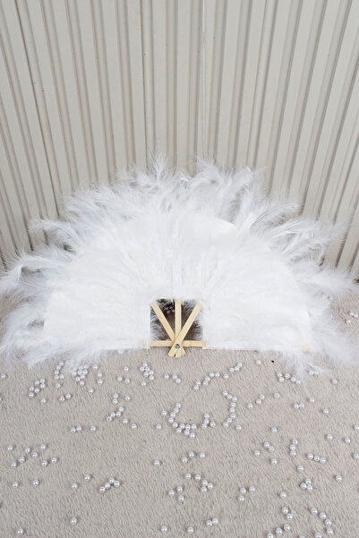 Mortex Beyaz Tüylü Ahşap Gelin Kına Yelpazesi, Nedime Sünnet Düğün Nişan Özel Gün Yelpazesi