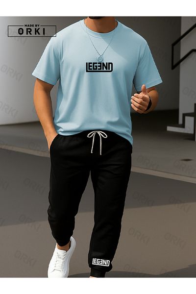 EFFRENATU Legend Printed Oversize Light Blue T-Shirt & Black Pants Tracksuit Set