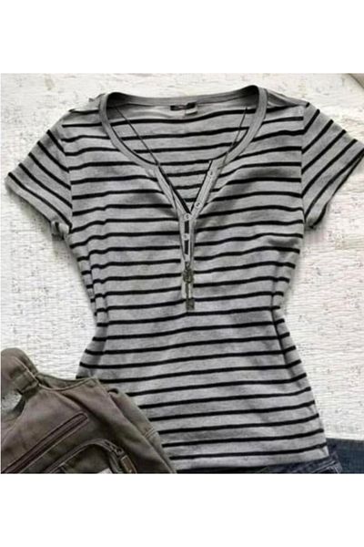 Wisevelya Black Gray Striped Button Y2K Short Sleeve Crop