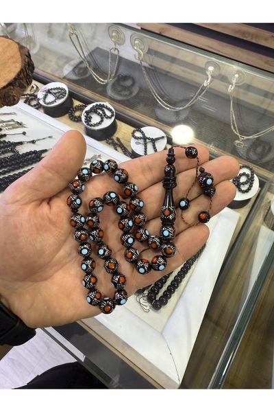 Oltu Eski dönem işi Firuze mercan gümüş işlemeli orijinal Kuka Tesbih