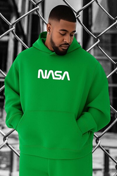 BENROMA سترة رياضية كبيرة الحجم مطبوعة بشعار ناسا من القطن الممشط بثلاث خيوط