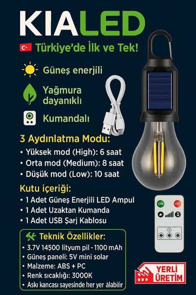 GemereHome SOLAR LED AMPUL ASKILI TAŞINABİLİR SOLAR-USB ŞARJ KABLOLU