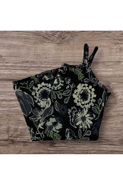 ESTA STORE Viscose Combed Black Floral Patterned Rope Strap Tank Top