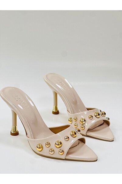 ELEVAM Kadın Altın Taşlı Topuklu Sivri Burun Günlük Terlik Siyah