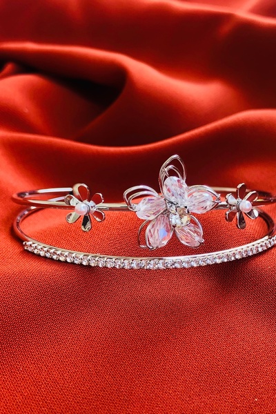 Bonicce Çiçekli Zirkon Taşlı Su Yolu 2li Kadın Çelik Kelepçe Bileklik Paslanmaz