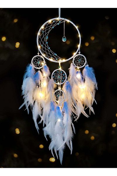 Generic Excefore LED Light Up Dream Catcher Half Circle Moon Decor with Lights Handmade Feather Dreamcatche