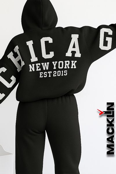 macklin Unisex Men Women Chicago New York Est Printed Oversize 3 Thread Hooded Bottom Top Tracksuit Set