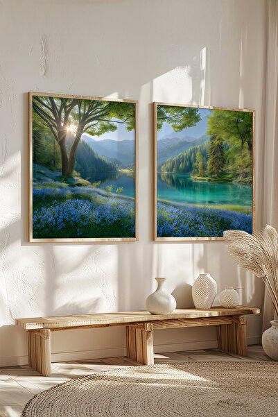 STARYUNA Set de pictură dublă cu cadru din lemn, cu vedere la lacul pădurii, ...