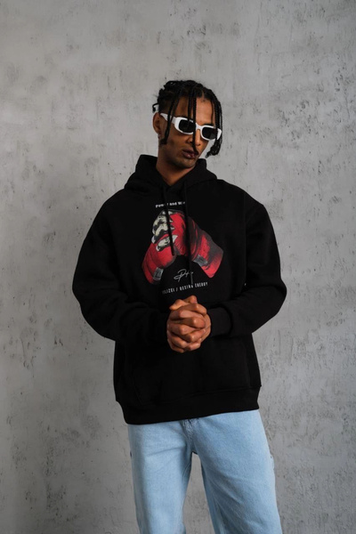 Queene Dreams قفازات رجالية مطبوعة بغطاء للرأس - أسود