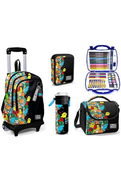 Coral High CORAL HİGH Kids Casper Desenli çekçek çantalı Çelik Termoslu Erkek Çocuk Çanta Seti- 5 Parçalı Set