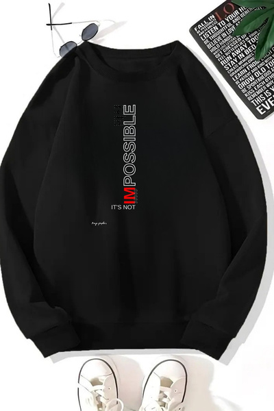 Sweetline Unisex Black Impossible Printed Crew Neck Sweatshirt - Winter Embossed Fabric