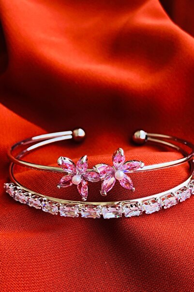 Bonicce Çiçekli Zirkon Taşlı Su Yolu 2li Kadın Çelik Kelepçe Bileklik Paslanmaz