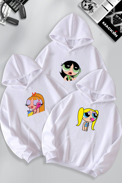 macklin Hanorac cu glugă pentru cuplu prieten cu imprimeu Powerpuff Girls