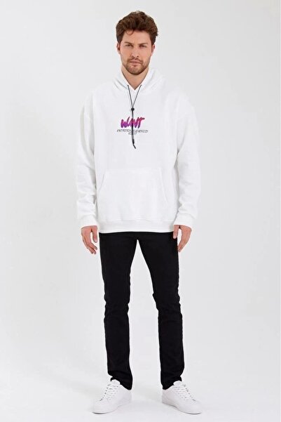 indispensablely    Men's Printed Three Thread Hooded Oversize Sweatshirt - White