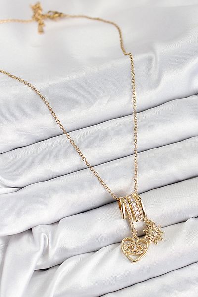 Skygo 316L Steel Zircon Stone Dangle Heart and Sun Model Gold Color Women's Necklace - Tj-Bko10478