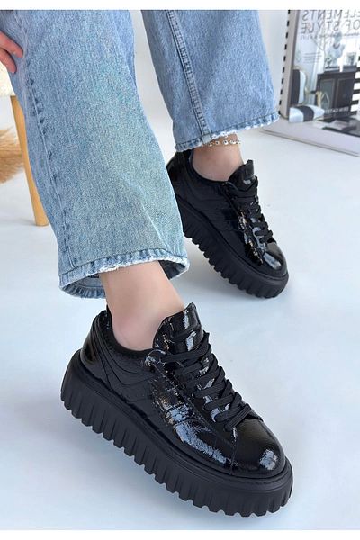 STILVANA Gesti Black Patent Leather Lace-Up Sports Shoes
