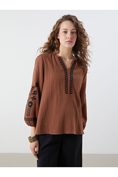 LC Waikiki Brown Oversized Women's Blouse with Embroidered Mock Neck