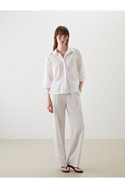 LC Waikiki Lcw vision ecru elastic waist striped wide leg women's pants