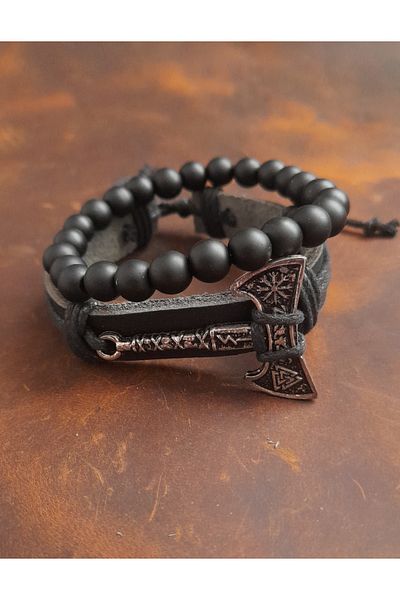 BSN Store 2-Piece Bracelet Sailor Valknut Ax Figure Genuine Leather Bracelet and Onyx Stone Bracelet