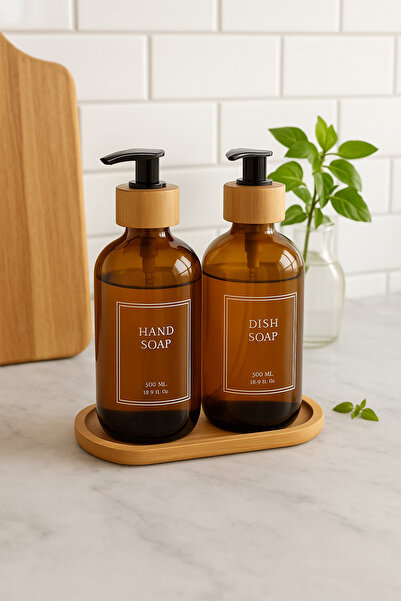 Karat Home 2’li Amber Cam Pompalı Şişe Seti – 500 ml, Bambu Kapaklı Sıvı Sabu...