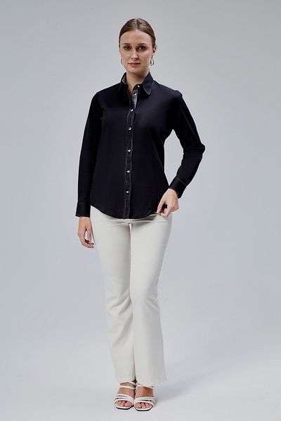 FARQIN Black Cotton Satin Lycra Marbled Slim Fit Women's Shirt with Stitching and Button Detail