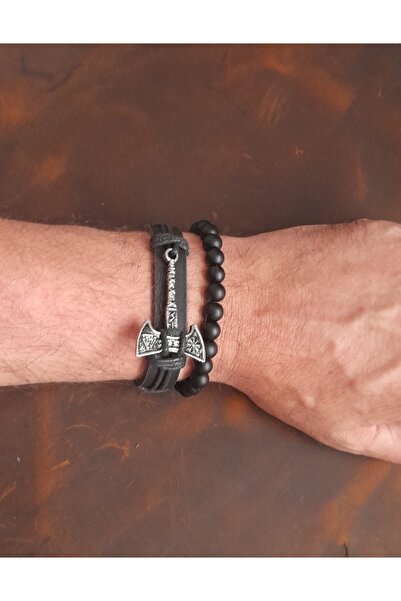 BSN Store 2-Piece Bracelet Sailor Valknut Ax Figure Genuine Leather Bracelet and Onyx Stone Bracelet