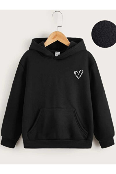 CVS Kids Unisex Hooded Line Heart Printed Sweatshirt - Black
