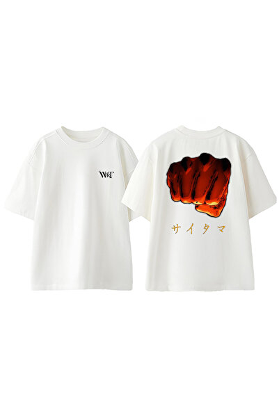 THEWERT Tricou oversize alb din bumbac cu imprimeu pe spate One Punch Man 5