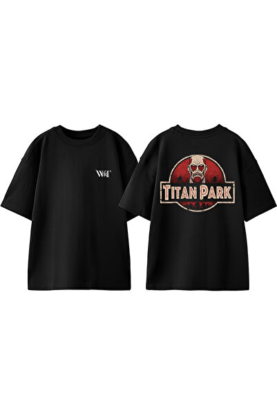 THEWERT Tricou oversize din bumbac negru cu imprimeu pe spate Titan Park Design