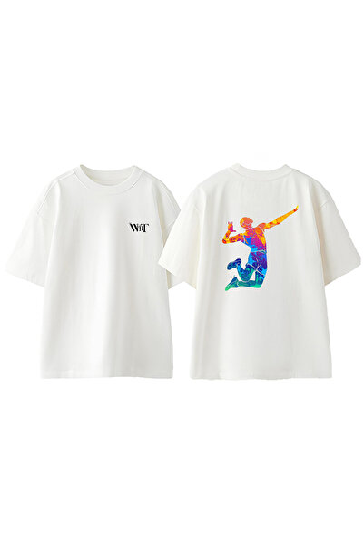 THEWERT Tricou oversize alb din bumbac cu imprimeu pe spate Volei 8 Design
