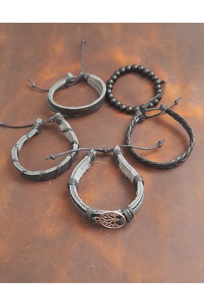 BSN Store 5-Piece Men's Bracelet Tree of Life Figure Genuine Leather Bracelet Onyx Bead Bracelet