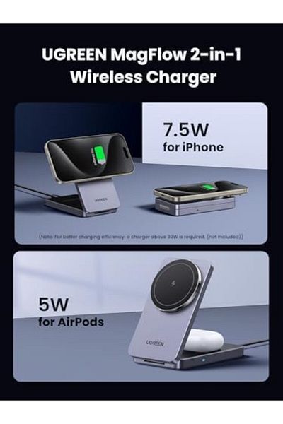 Ugreen Wireless Charger Stand, Dual Ports, 15W Magnetic Charging Base