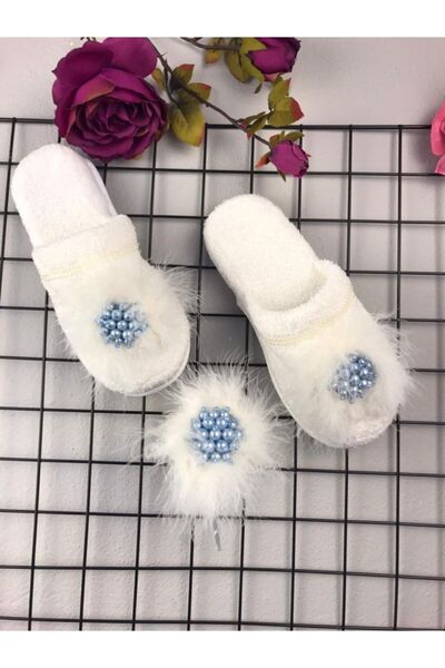 Fiyonks Atölye Special Design Feathered Pearl Maternity Slippers and Floral Crown, Women's Maternity Set