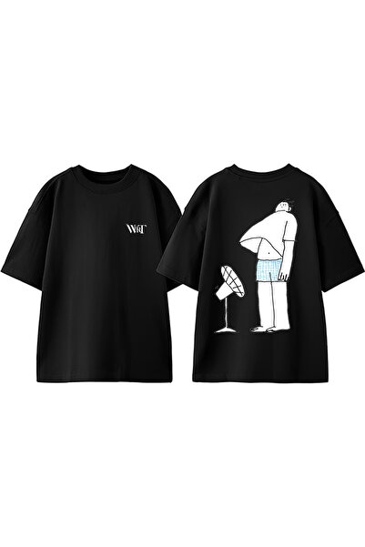 THEWERT Tricou oversize negru din bumbac cu imprimeu pe spate cu desene anima...