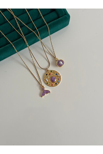 MİOSA Mor İnci Üçlü Çelik Kolye Seti