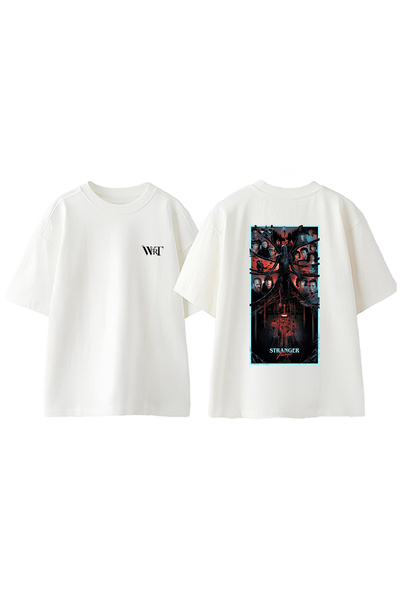 THEWERT Tricou oversize alb din bumbac cu imprimeu pe spate Stranger Things 10