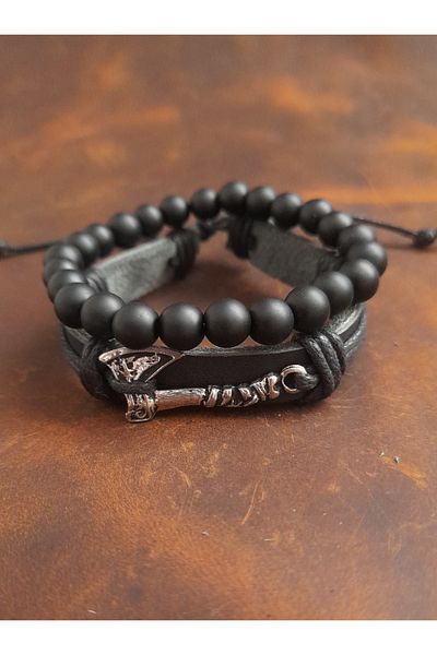 BSN Store 2-Piece Bracelet Axe Figured Genuine Leather Bracelet and Onyx Stone Bracelet