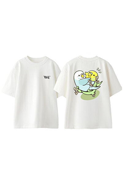 THEWERT Budgie 1 Design Back Printed Βαμβακερό λευκό μπλουζάκι Oversize