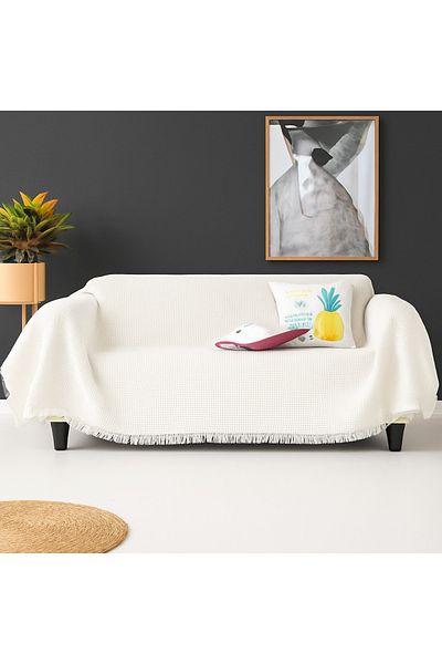 Rell Home Cotton Textured Sofa Shawl 170X350 cm Battal Size – Fringed Tv Blanket & Decorative Sofa Cover