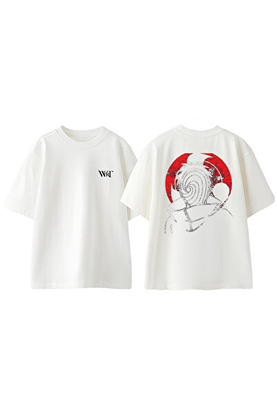 THEWERT تي شيرت ناروتو أوبيتو أنيمي 4 تصميم من الخلف مطبوع من القطن الأبيض كبير الحجم