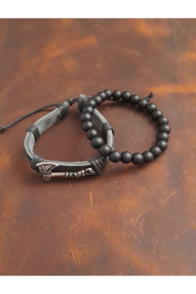 BSN Store 2-Piece Bracelet Axe Figured Genuine Leather Bracelet and Onyx Stone Bracelet