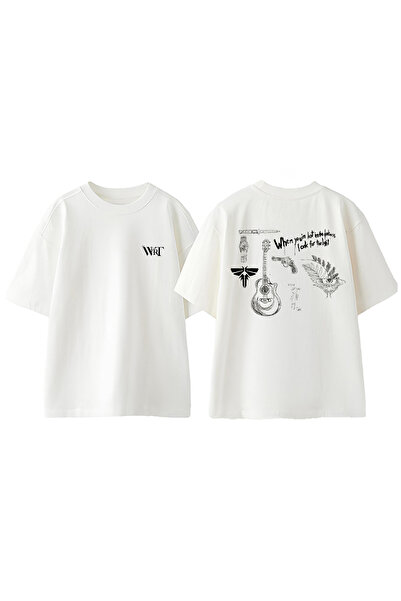 THEWERT The Last Of Us Çizim Tasarım Sırt Baskılı Pamuk Beyaz Oversize T-shirt