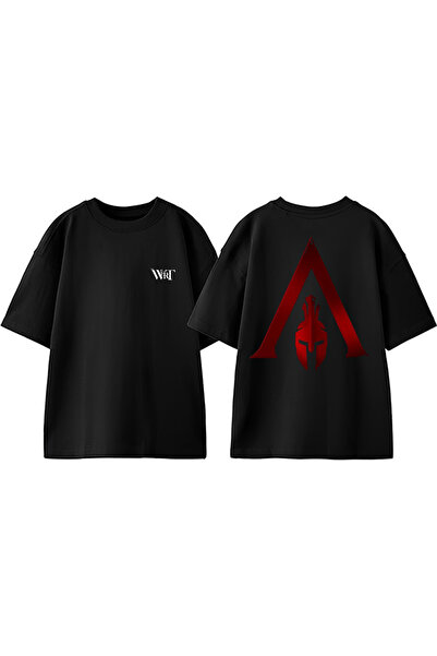 THEWERT Tricou oversize negru din bumbac cu imprimeu pe spate Spartan 6 Design