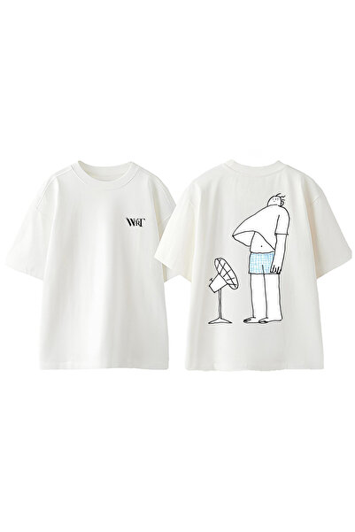 THEWERT Tricou oversize alb din bumbac cu imprimeu pe spate cu desene animate...